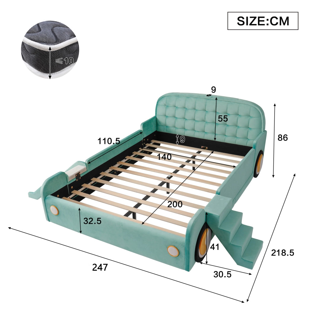 LETTO per bambini a forma di auto con scivolo e scala 140x200 cm velluto blu-verde