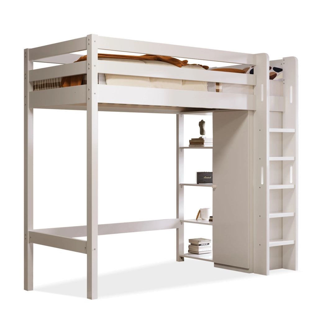 Letto a soppalco per bambini 90x200 cm con armadio e 6 ripiani, bianco