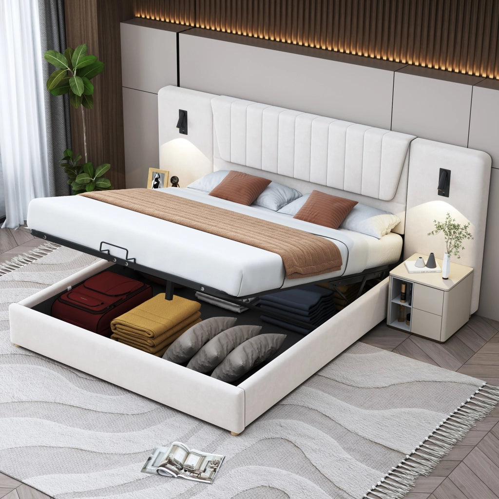 Letto imbottito 180x200cm - Zephmum - Schienale lungo, lampada regolabile, USB, idraulico, velluto, beige