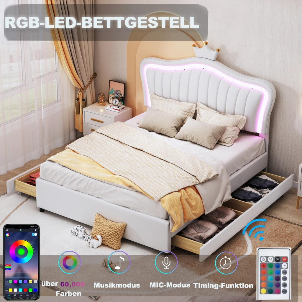 LETTO imbottito 140x200 cm bianco in PU con 4 cassetti e LED