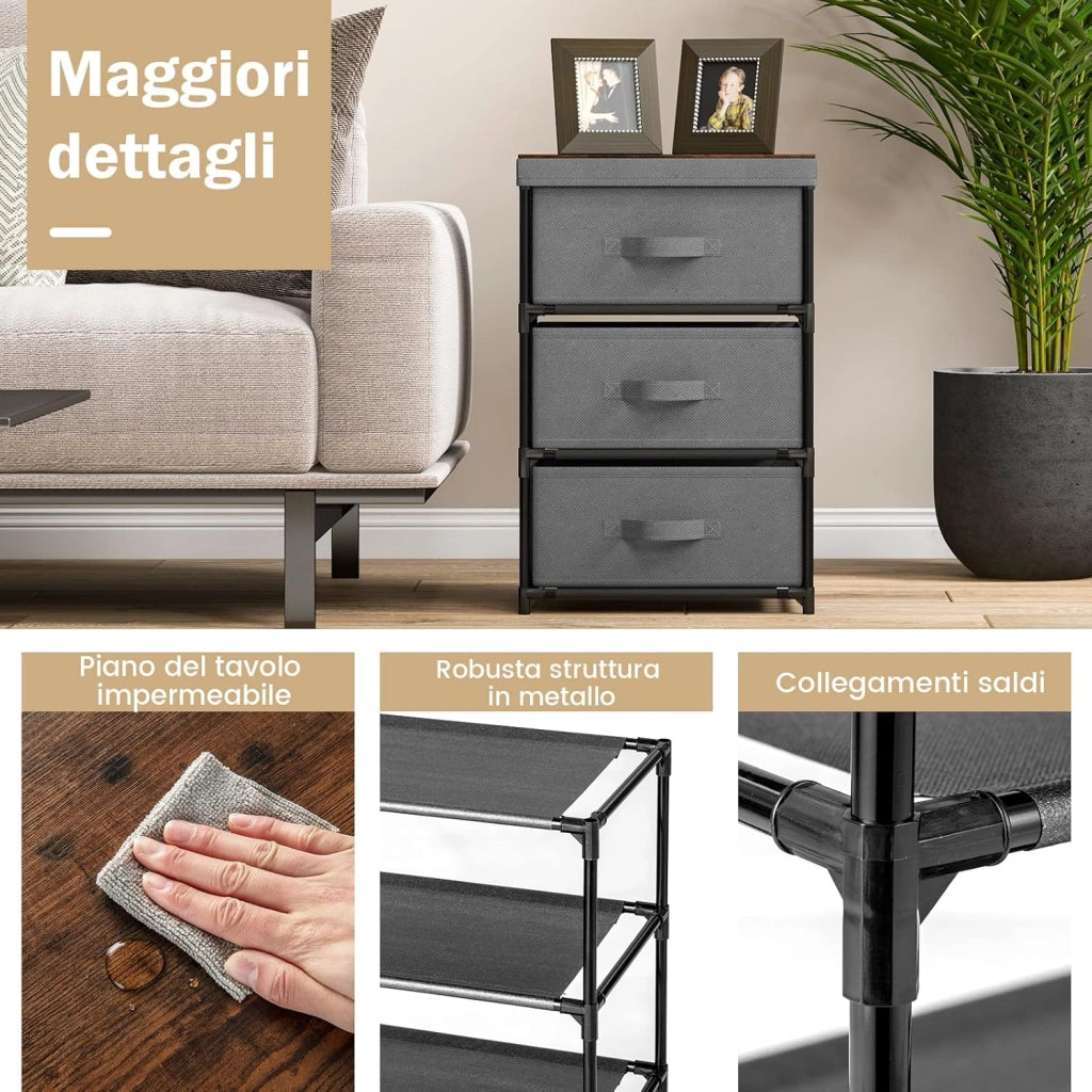 Cassettiera in Tessuto, Mobile con 3 Cassetti e Struttura Robusta in Metallo, Armadio per Camera da Letto, Soggiorno, Ingresso, 40 x 30 x 62 cm (Grigio 2 Pezzi)