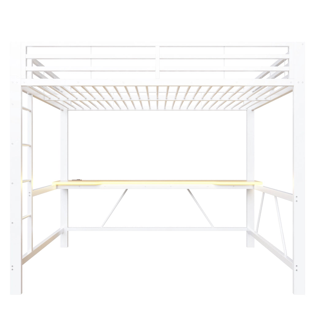 DESMIU Letto a soppalco 160 × 200 cm 2 posti con scrivania, LED e ripiani, senza materasso, in metallo, bianco
