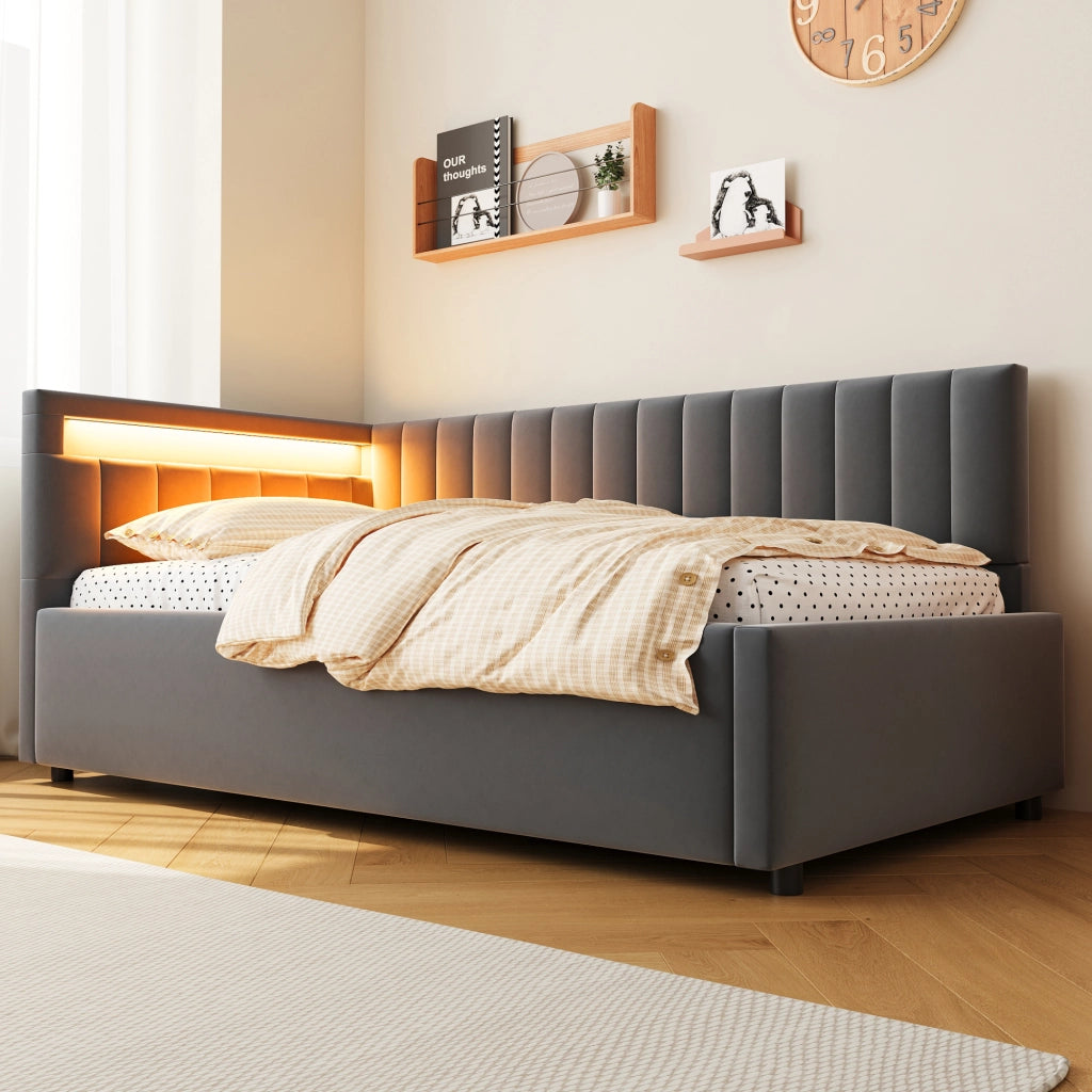 LETTO Divano imbottito 90x200 cm in velluto grigio con LED e contenitore