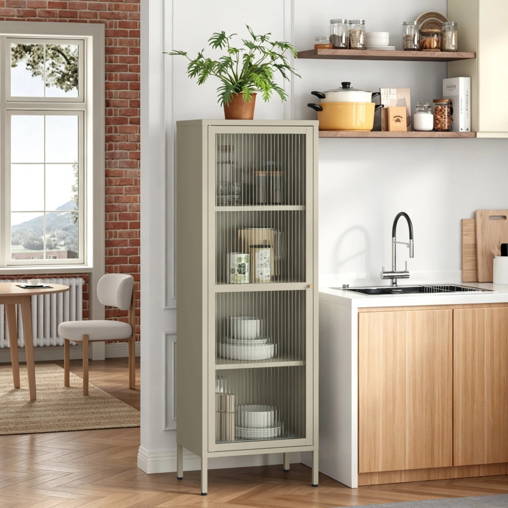 Armadio a Vetrata Säkylä con 4 Scomparti 150 x 50 x 35 cm in Acciaio - Color Cammello [en.casa]