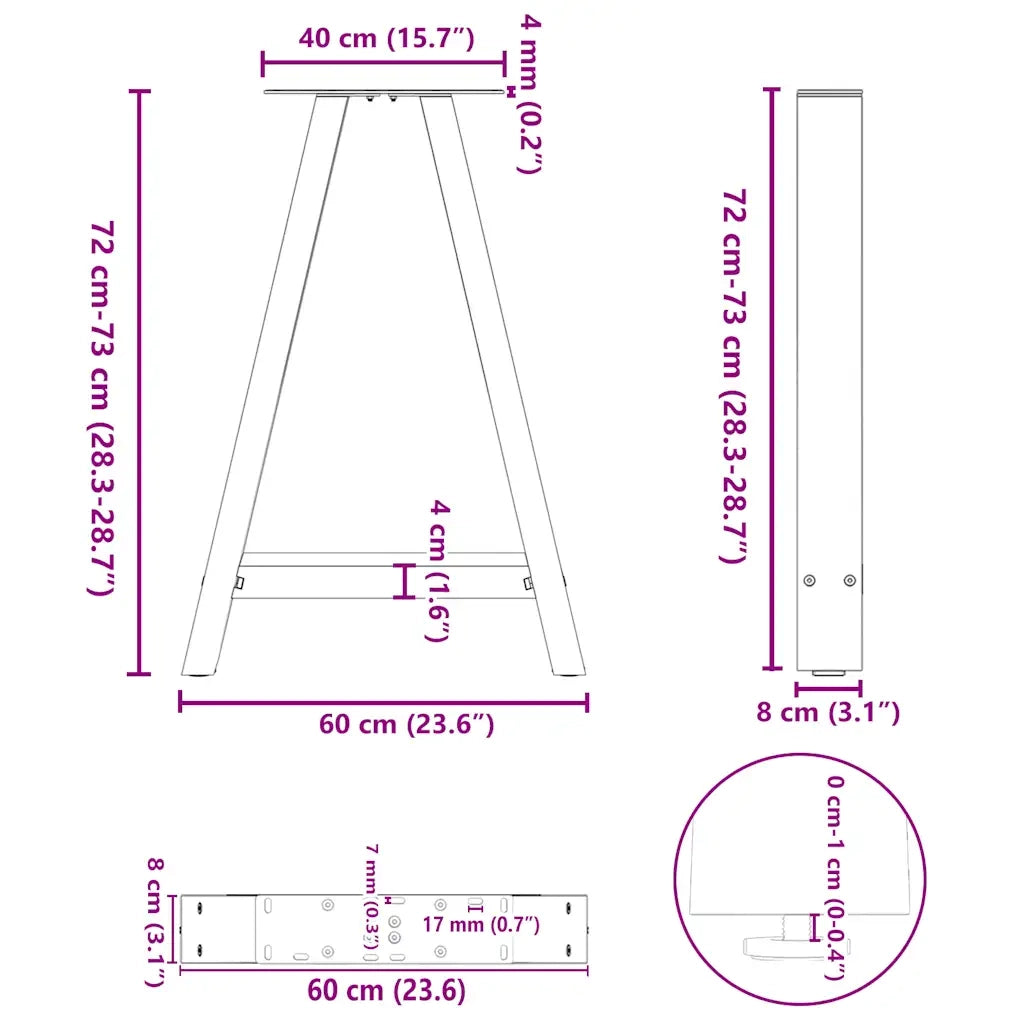 Gambe per tavolo da pranzo a forma di A 2 pz 60x(72-73) cm in acciaio 4012851
