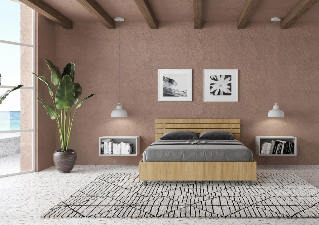 BS COM Letto matrimoniale francese contenitore 140x200 testata inclinata con doghe quercia