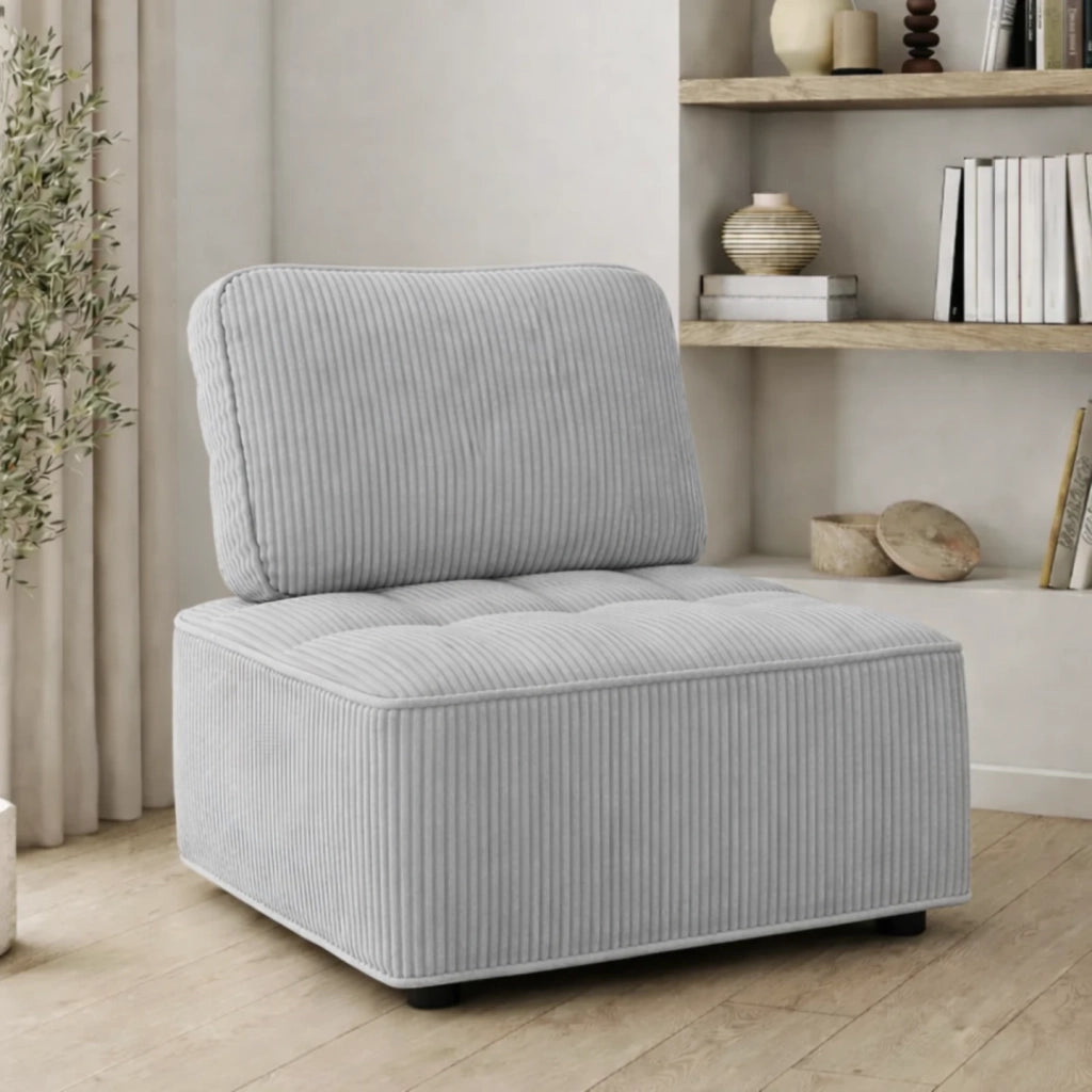 IDMarket - Modulo divano e poltrona ALFIE in velluto a coste grigio chiaro