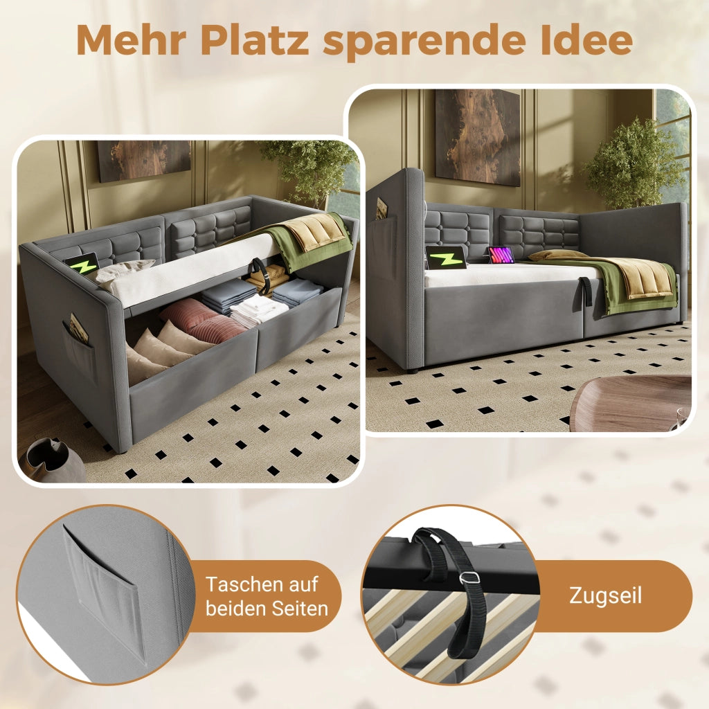 LETTO Divano 90x190 cm in velluto grigio con contenitore e USB Type-C