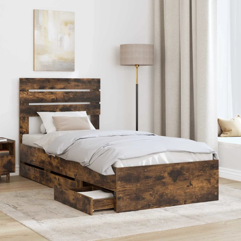 Letto singolo | Letto per adulti | Struttura del letto con cassetto Rovere fum¨¦ 100 x 200 cm