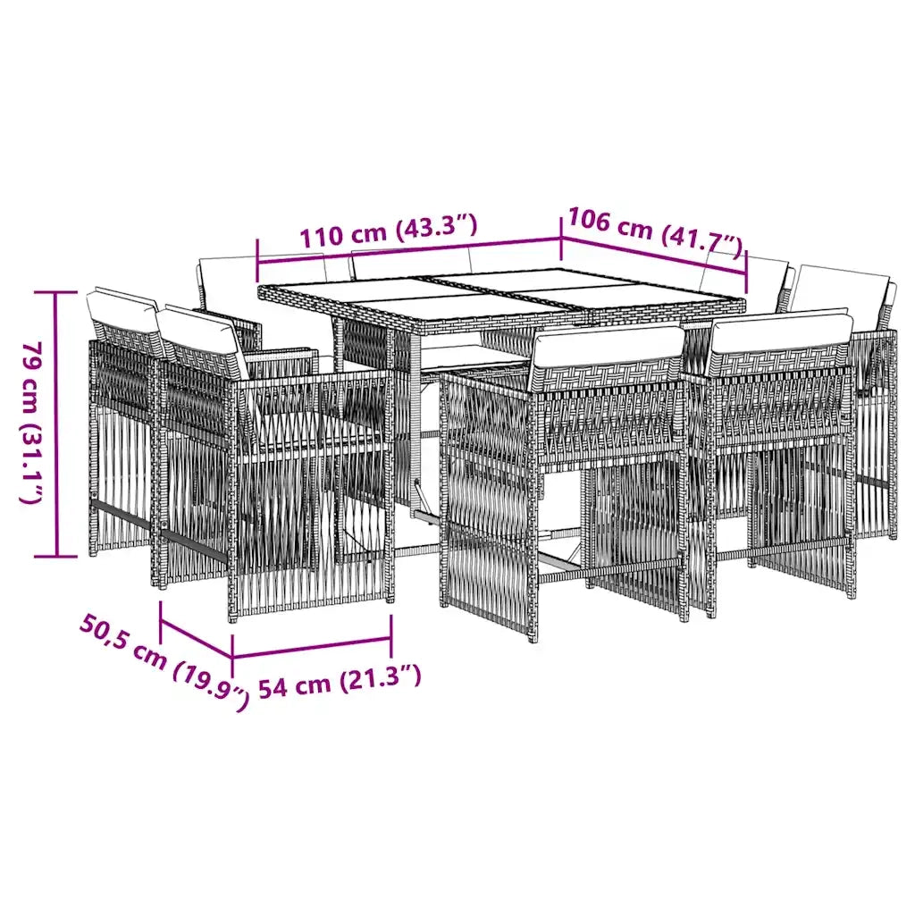 Set da Pranzo da Giardino 9pz con Cuscini Marrone in Polyrattan