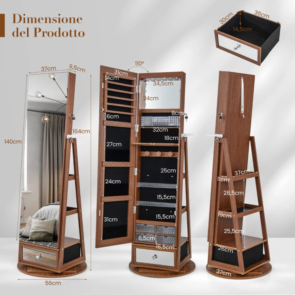 Armadietto portagioie girevole a 360¡ã con specchio lungo, Specchio portagioie con  luci LED e specchietto Noce-Armadietti per gioielli