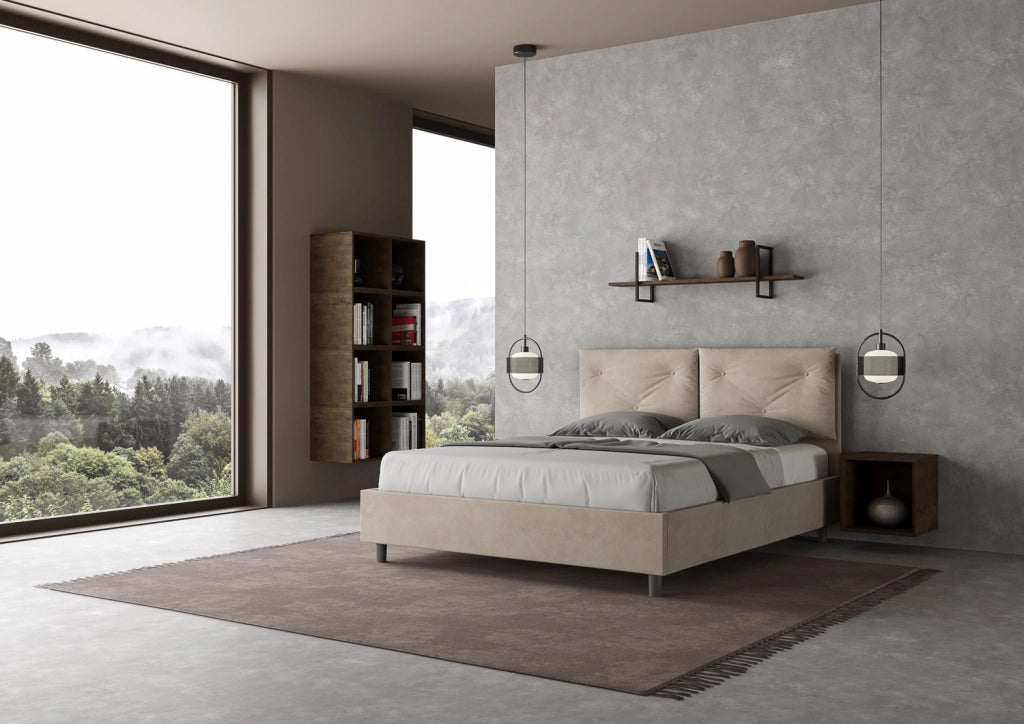 BS COM Letto queen size contenitore imbottito 150x210 microfibra sabbia Large
