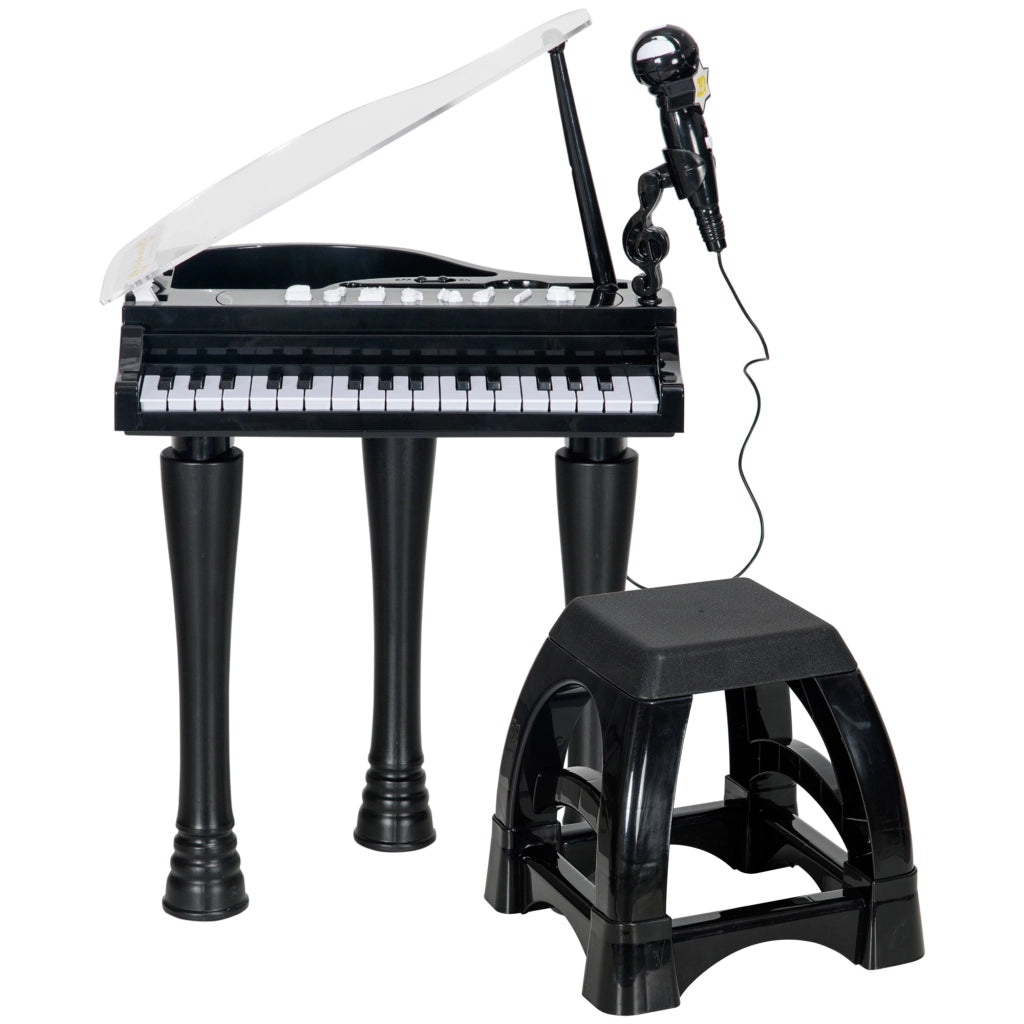 Pianoforte Bambini 32 Tasti con Microfono Sgabello Luci 22 Canzoni ¨C Xylo ¨C Nero 37x30,5x60,4 cm