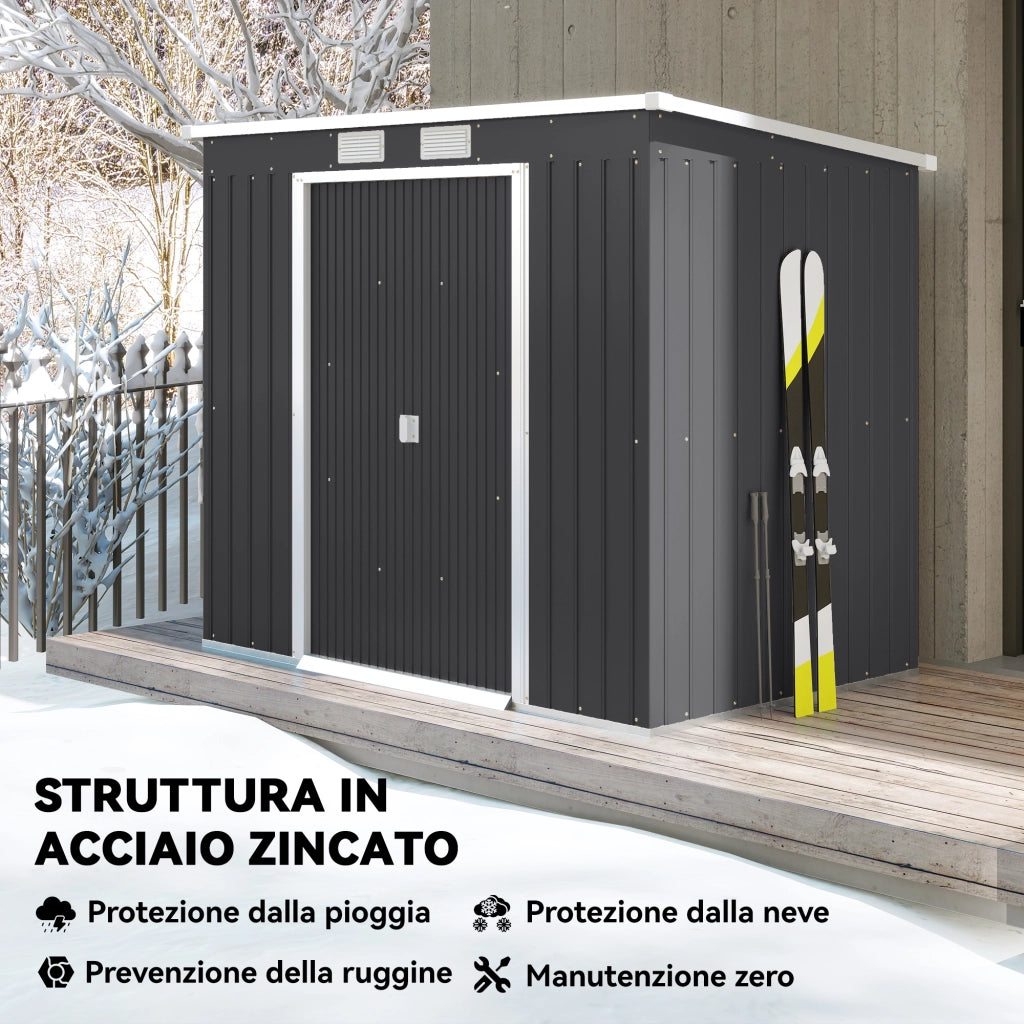 Capanno Attrezzi con Tetto Inclinato 213x130x172 cm 2 Ingressi e Prese d'Aria in Acciaio Grigio Scuro