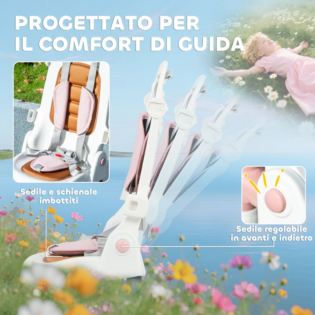 Triciclo per Bambini 5 in 1 con Maniglione di Spinta e Copertura Rimovibile, 96.5x49x101 cm, Rosa