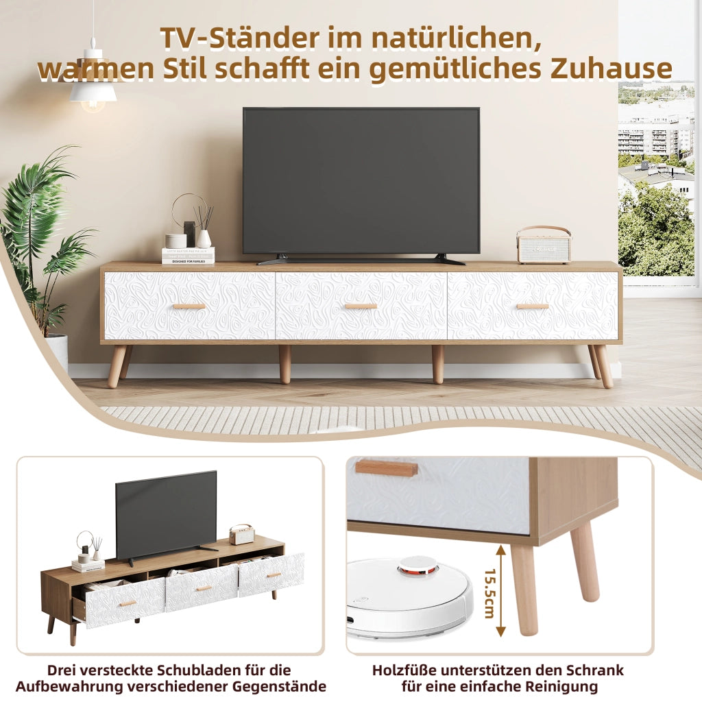 Mobile TV vintage con 3 cassetti e vano con ante testurizzate per soggiorno; in truciolare bianco e legno; 150×35×39 cm