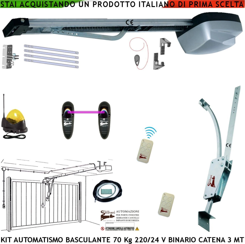 Kit Automazione Motore 220/24 V da Soffitto per Porta Basculante 70 Kg Faro Antenna Binario Alluminio Catena Acciaio 3 Metri Cordino Sblocco Pattino 2 Radiocomandi Archetto Oscillante Luce di Cortesia