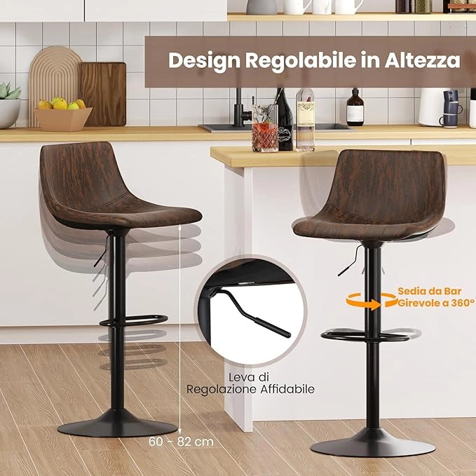 Set di 2 Sgabelli da Bar Moderno, Regolabile e Girevole a 360°, Sgabelli da Cucina con Schienale e Poggiapiedi, Sgabello Struttura in Metallo Stile Vintage da Casa, Marrone Rustico