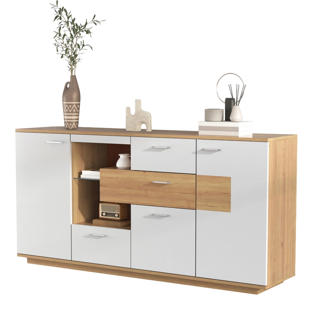 Sideboard moderno 160x40x77 cm con LED; 2 ante; 4 cassetti; MDF; legno e bianco