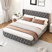 OKWISH Letto Imbottito 160×200 cm, Letto Matrimoniale con Testiera Trapuntata, Borchie Decorative e Piedi in Legno, senza Materasso, Grigio
