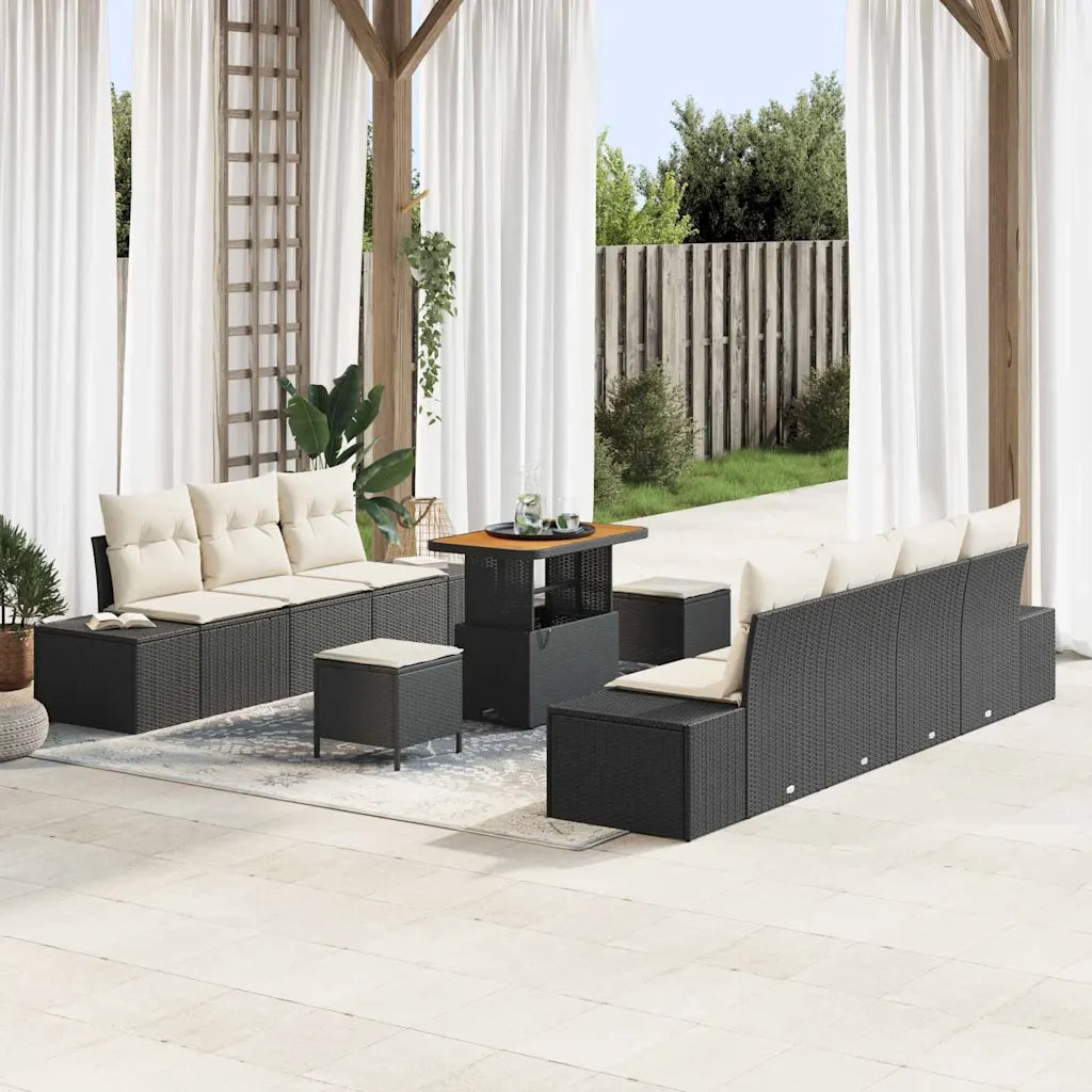 Set Divano da Giardino con cuscino 10 pcs Nero Poly Rattan