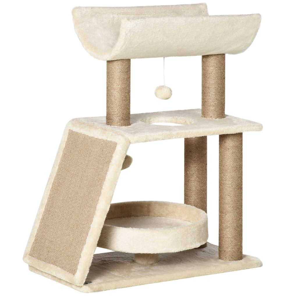 Albero tiragraffi per gatti con giocattoli e cuccia ¨C Zephmum ¨C 60x30x76 cm crema e naturale