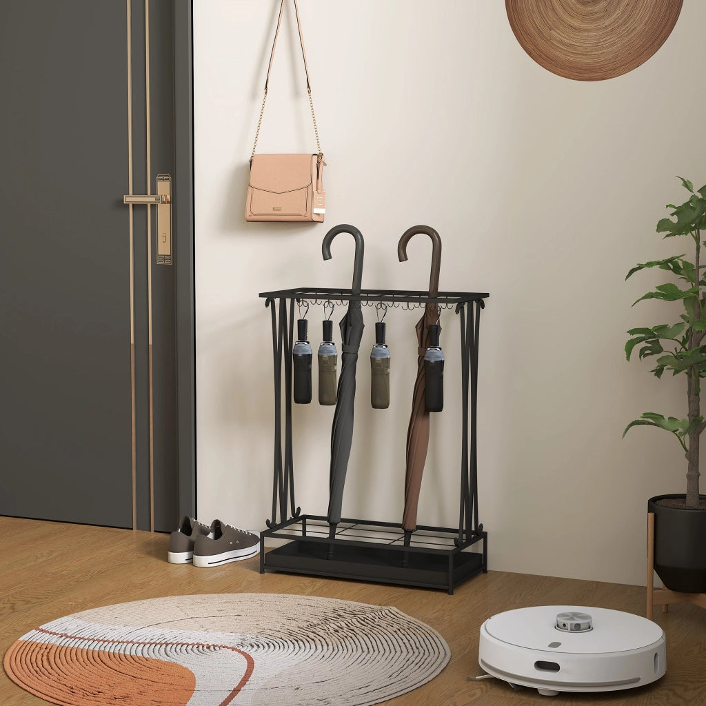 Portaombrelli 50x24x68 cm con Vaschetta per l'Acqua 21 Fori e 24 Ganci in Acciaio Nero
