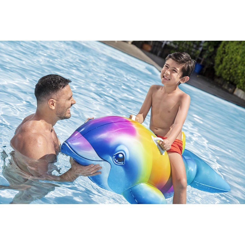 Trade Shop - Cavalcabile Gonfiabile Galleggiante A Forma Di Delfino Arcobaleno Maniglie 168x66cm 41541 -