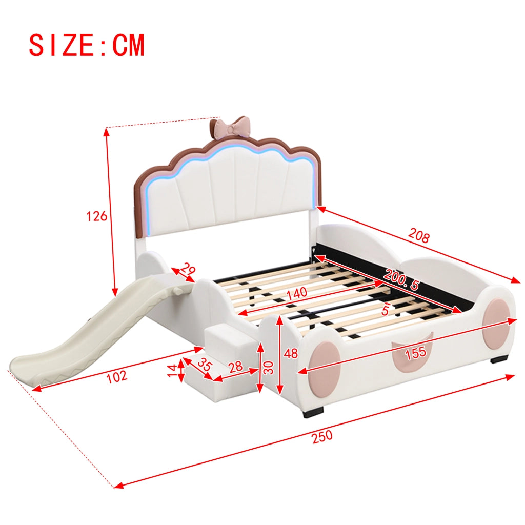 Letto per bambini 140x200 cm a farfalla con LED multicolore, scivolo e scale, rosa e bianco