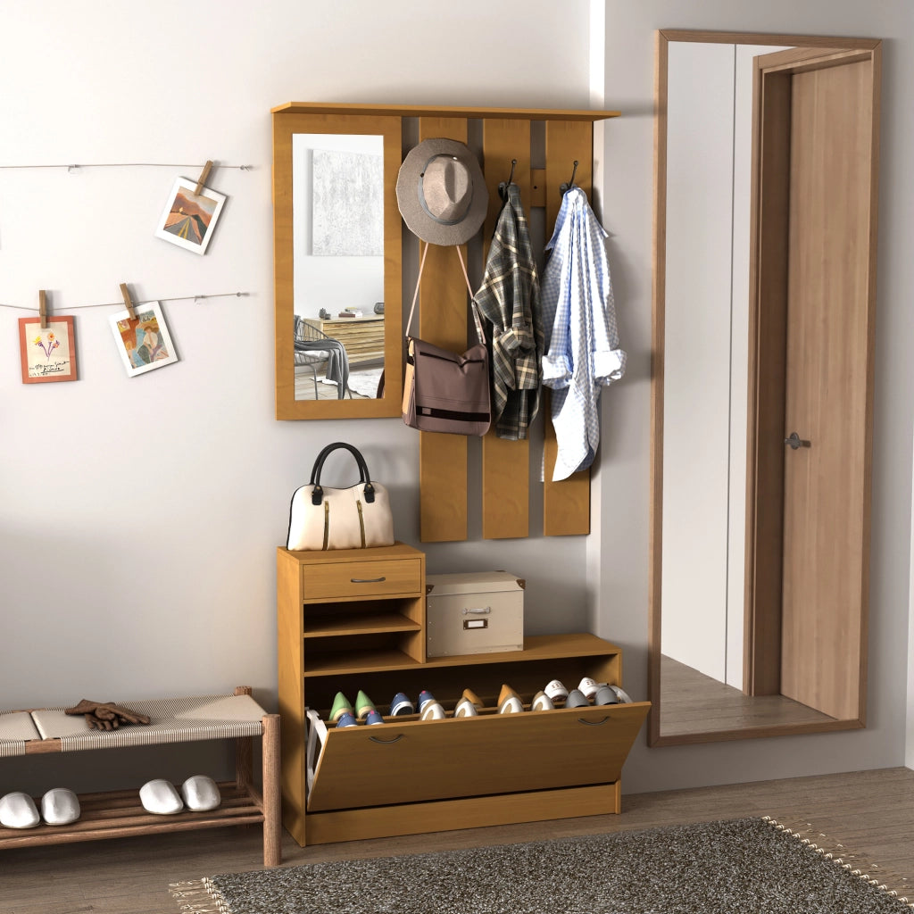 Set Mobili Ingresso Moderno con Scarpiera e Specchio, Appendiabiti da Ingresso con 6 Ganci, 2 Ripiani Regolabili e Cassetti in Legno per Corridoio, 90x24x166 cm, Legno