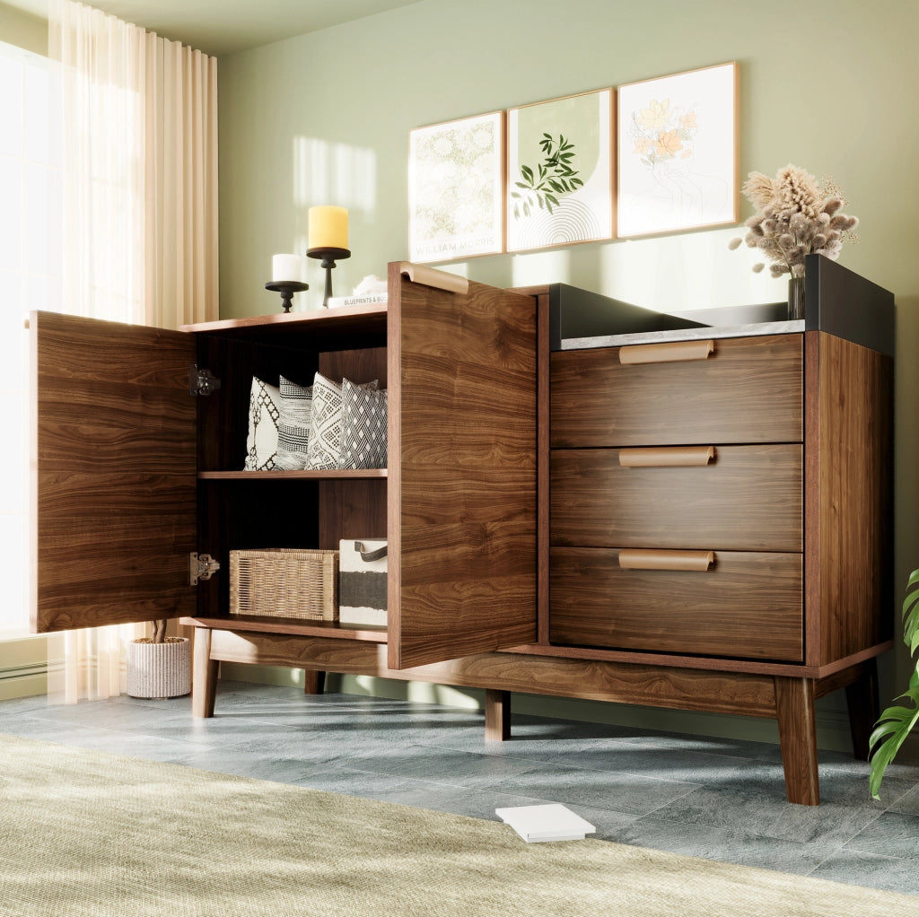 Credenza 120x40x77 cm con 3 cassetti e armadietto a 2 ante; ripiano regolabile in legno e metallo rovere scuro