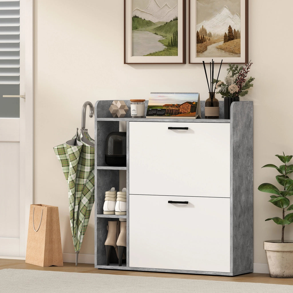 Scarpiera Slim Salvaspazio ¨C Xylo ¨C 2 Cassetti Ribaltabili 3 Ripiani Aperti Grigio 83x24x90.5cm