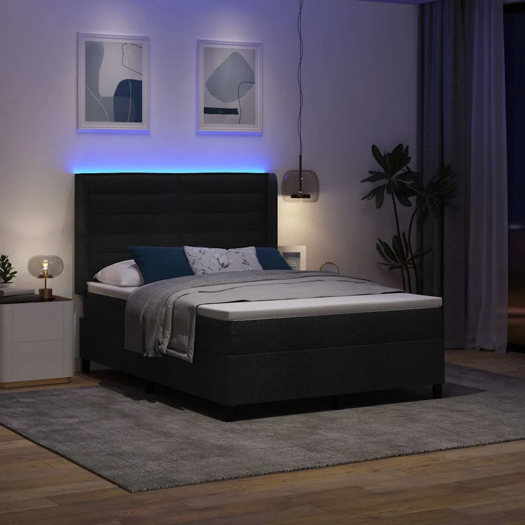 Letto a Sorgente LED con materasso Nero 140 x 190 cm Tessuto