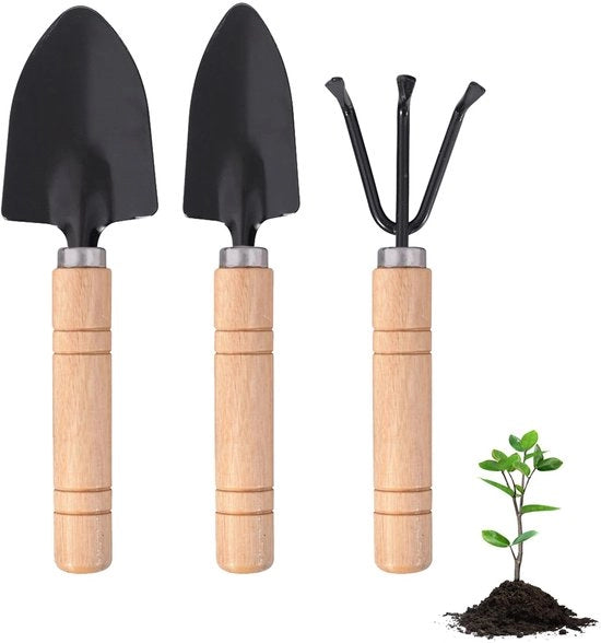 Collezione per giardinaggio, piccola vanga, manico in legno, vanga pratica per giardinaggio, coltivazione piccola vanga insieme, insieme per giardinaggio mini, piccola vanga insieme per giardinaggio, 3 pezzi