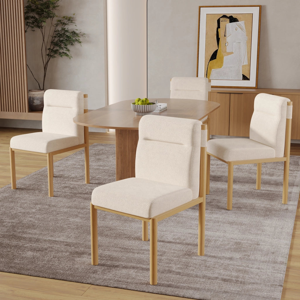 Set 4 Sedie da Pranzo ¨C Xylo ¨C Tessuto Sherpa Beige, Struttura Effetto Rovere, Imbottite