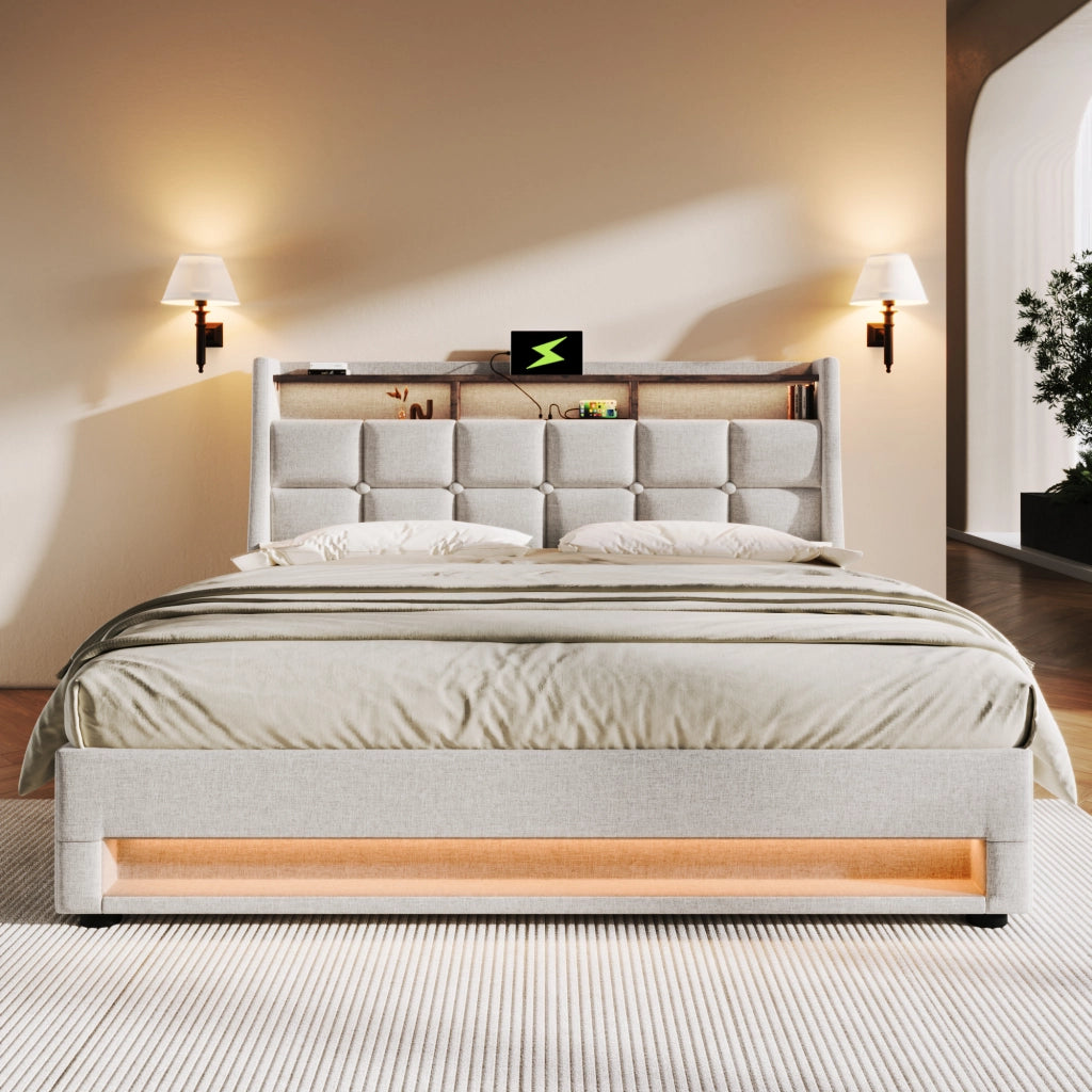 LETTO imbottito 140x200 cm Beige con LED e USB