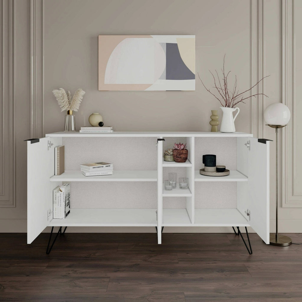 Credenza Alin, Buffet da soggiorno, Madia da salotto, Dispensa da cucina, 142x36h83 cm, Bianco