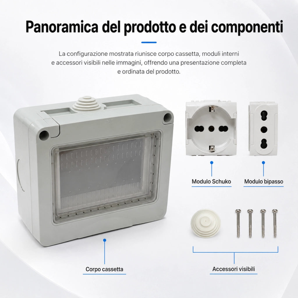 Cassetta Elettrica IP55 con Presa Schuko e Presa Bipasso