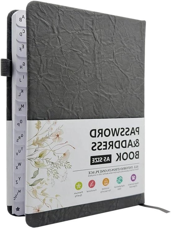 Libretto di accesso con schede alfabetiche e rubrica A6 - Spazio per 480 accessi - Quaderno di note con penna a sfera - Elastico - Tasca interna - Registro manuale A-Z (13 x 19 cm)