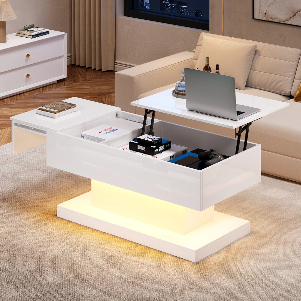 Tavolino da salotto bianco lucido 100x50x45 cm con sollevamento idraulico, funzione scorrevole laterale, LED e vano contenitore