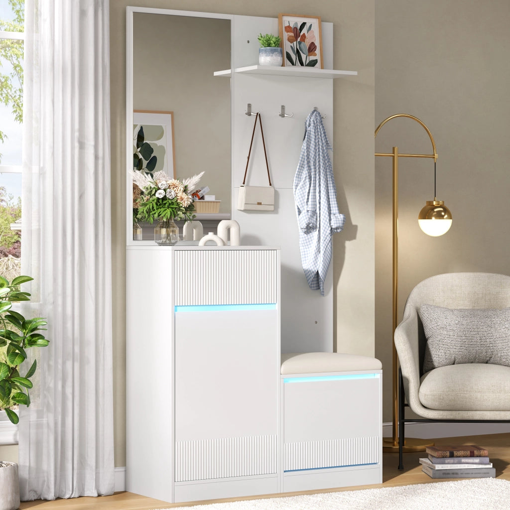 GARDEROBA da ingresso con scarpiera, specchio, LED, 105 x 38 x 190 cm, bianca