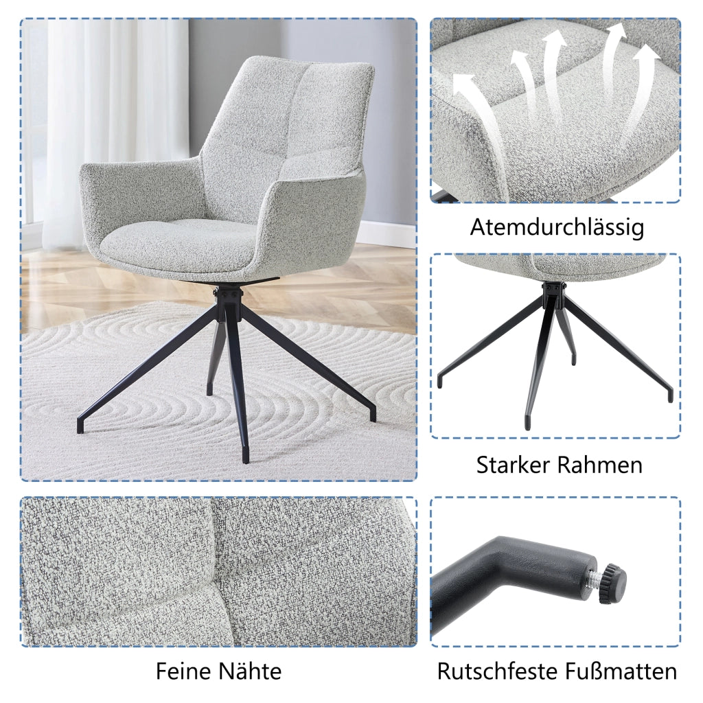 Chaise da pranzo girevole a 360° con braccioli e imbottitura in schiuma, in tessuto grigio chiaro e metallo nero