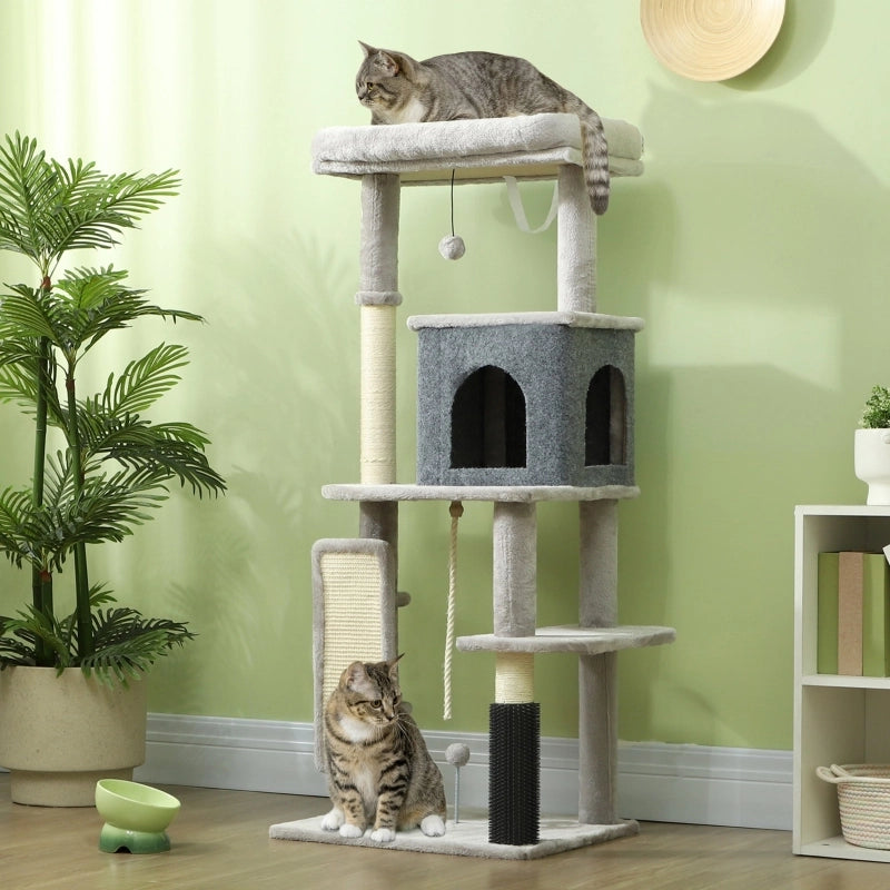 Tiragraffi per gatti da 132 cm con pali per graffiare, cuccia, casetta, piattaforme per saltare e spazzola per la toelettatura, colore grigio chiaro.