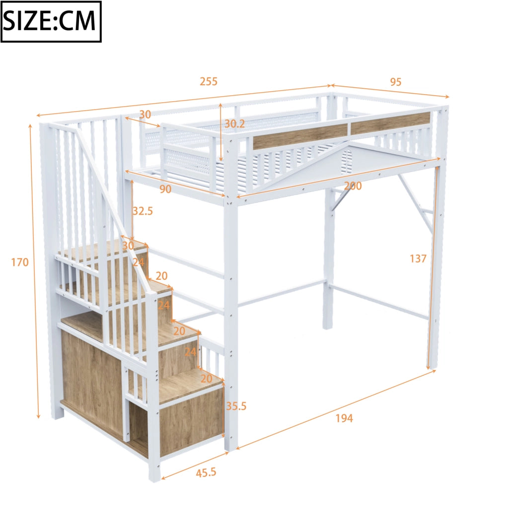 Letto a soppalco 90x200 cm in metallo con scala contenitore e armadietto