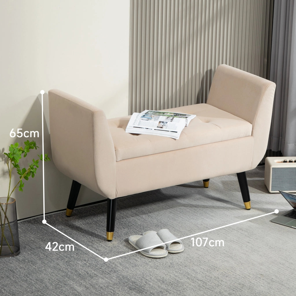 Panca imbottita con contenitore e braccioli ¨C Xylo ¨C velluto beige 107x42x65 cm
