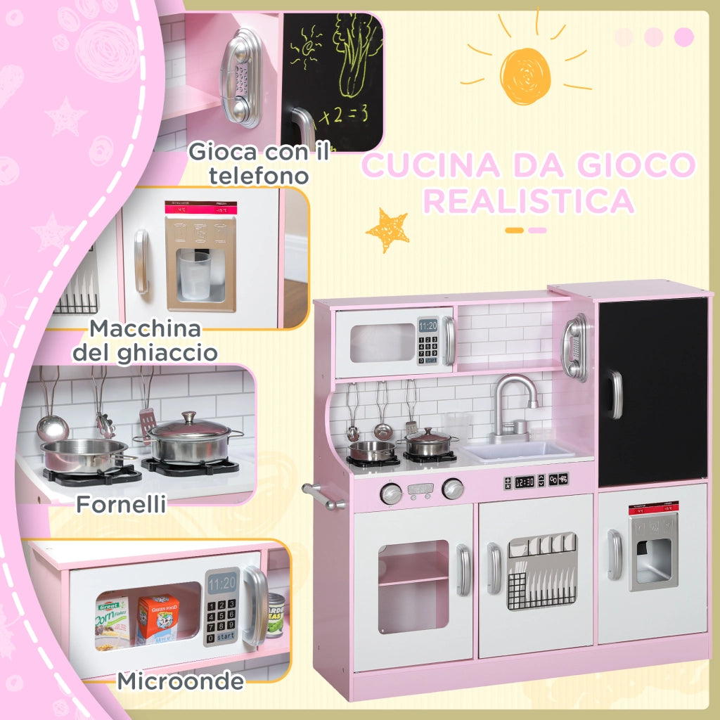 Cucina Giocattolo in Legno per Bambini 3-8 Anni con Fornelli. Microonde. Lavandino. e Accessori. Rosa