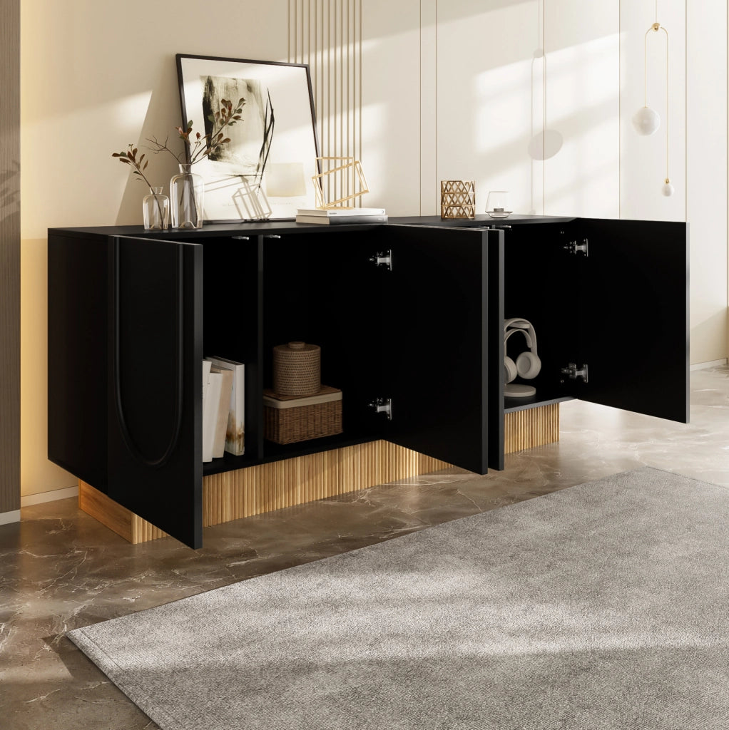 Credenza 160x38x75 cm con 4 ante e ampio spazio contenitivo in truciolare nero e naturale