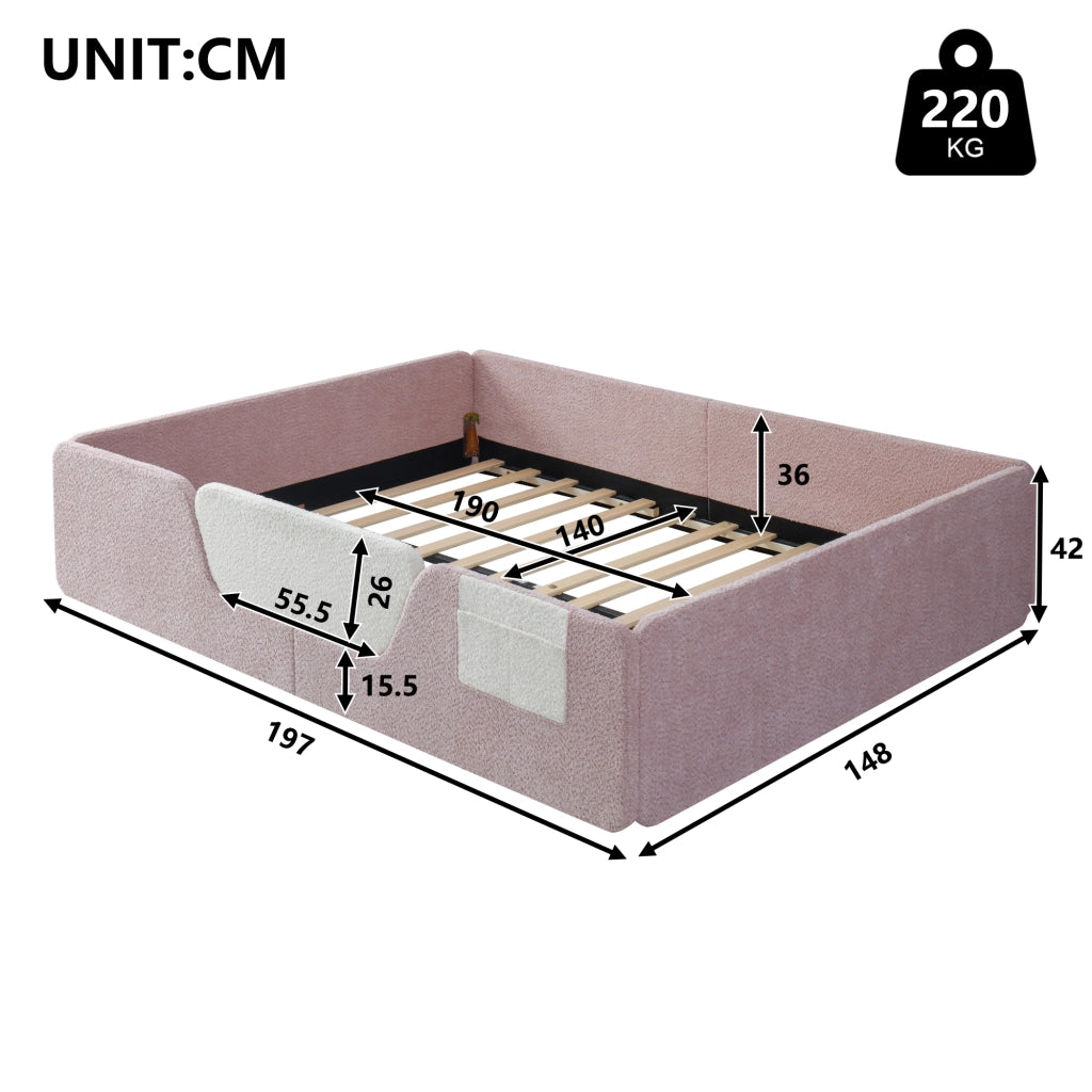 DESMIU Letto bambino 140 × 190 cm con sponde amovibili e tasca, senza materasso, in velluto, rosa