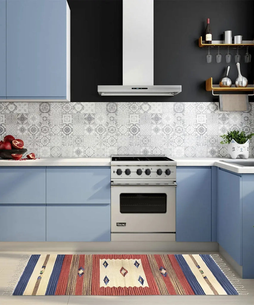 Tappeto passatoia KELIM 02 disegni etnici orientali colori vivaci cm.60x240 tessuto e frangia 100% cotone, lavabile in lavatrice