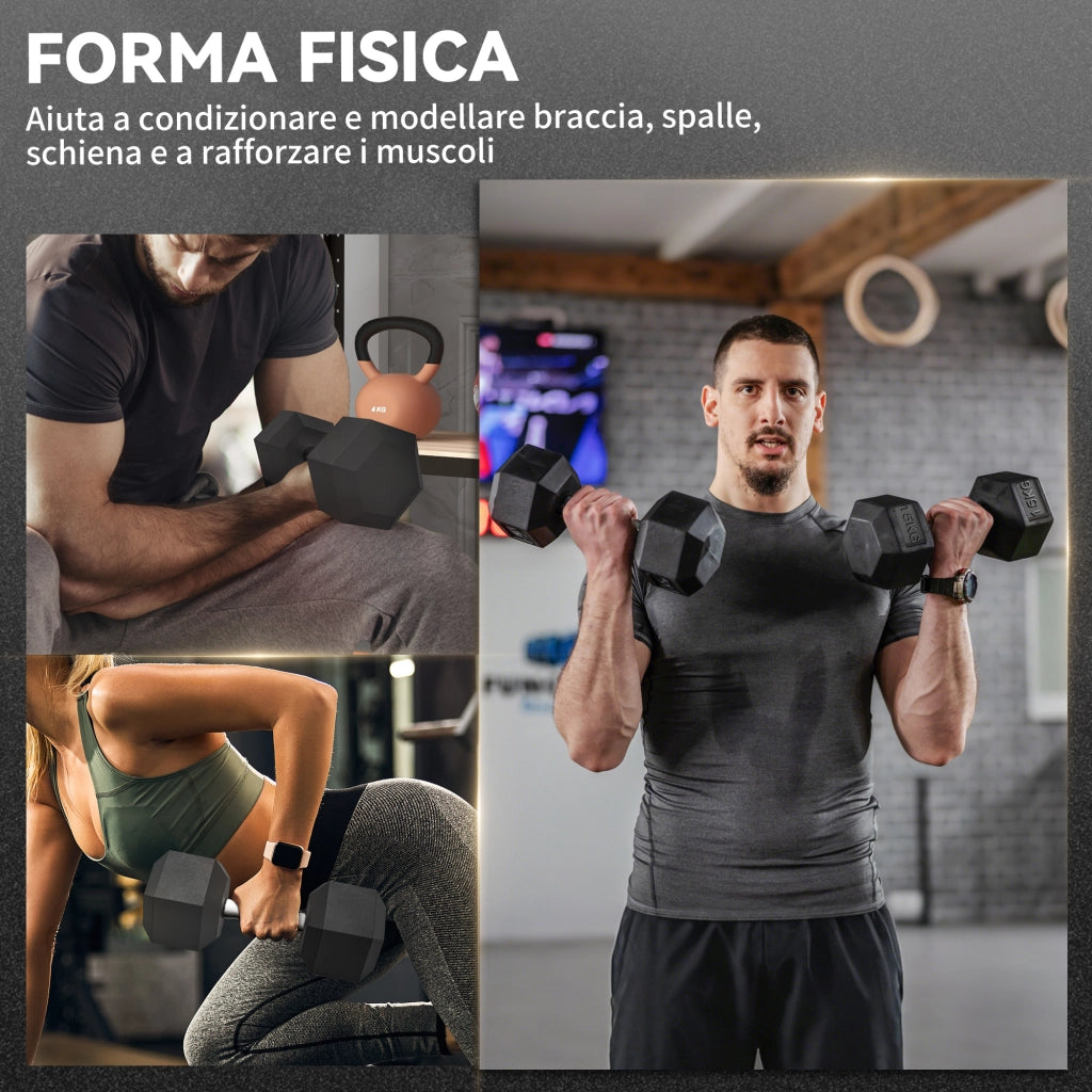 Set 2 Manubri Fitness da 15 kg Esagonali con Impugnatura Antiscivolo in Acciaio e Gomma Nero